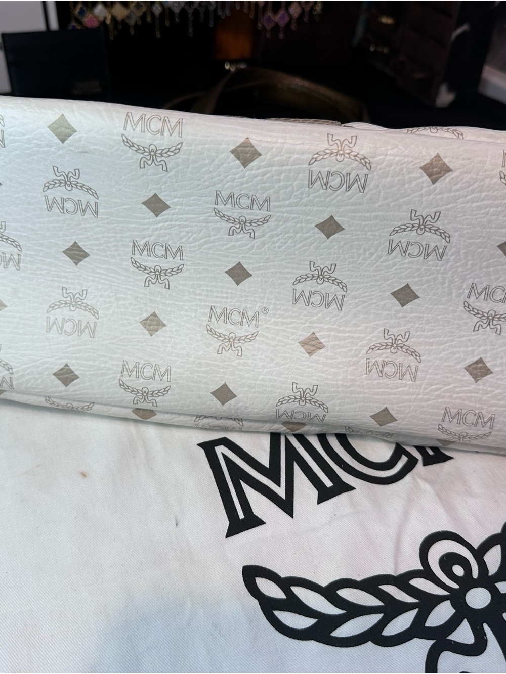 MCM White Visetos Tote with Gold Trim and Multicolor Stripe - Picture 7 of 15